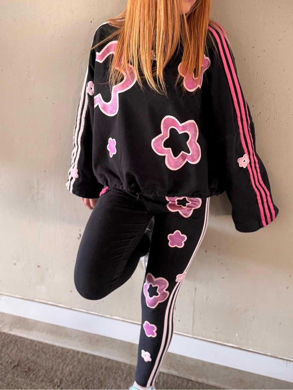 Adidas X Hello Love Black + Pink Flower Leggings